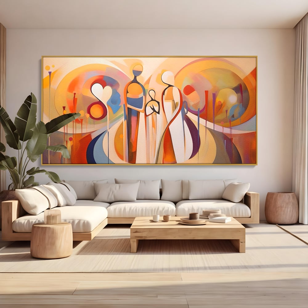 Tablou canvas cu tablou canvas cu familie abstracta, in rama de aluminiu auriu, pe perete intr-un living